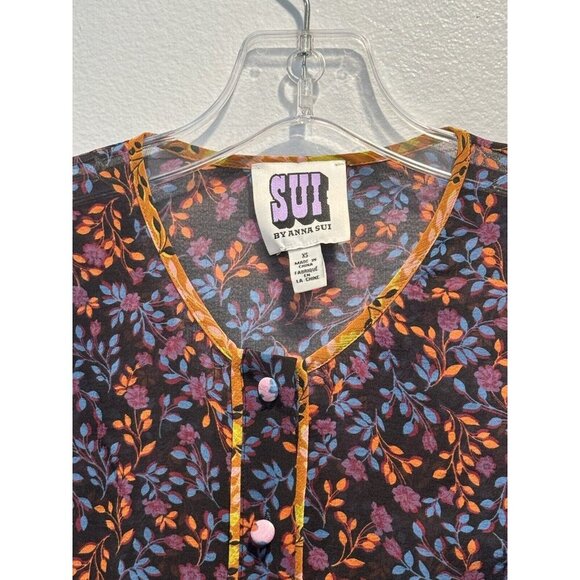SUI By Anna Sui Size XS Falling Leaves Floral Print Blouse Peasant Sheer Boho - Picture 3 of 8